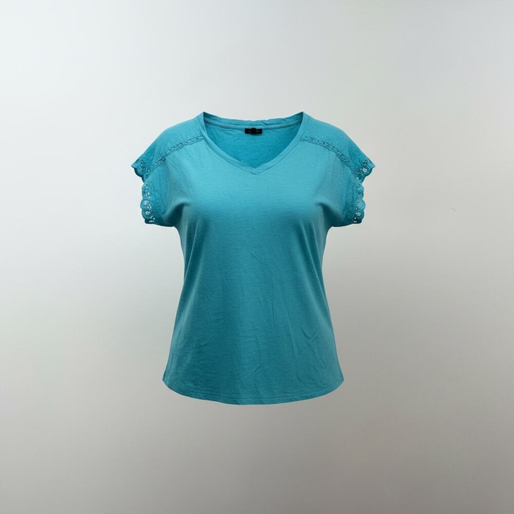 Talbots Short Sleeve Eyelet Lace T-Shirt Tee Large Blue Cotton Blend V-Neck